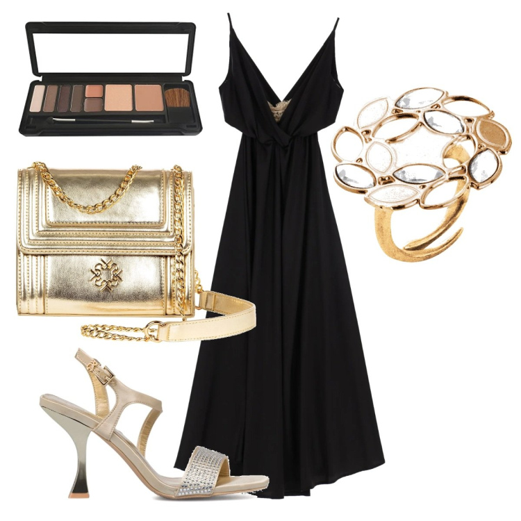 Outfit donna - Total look #1614513. Stile Chic per Cerimonia. Abbinamento con borse a tracolla, anelli, vestiti lunghi, sandali gioiello, ombretti.