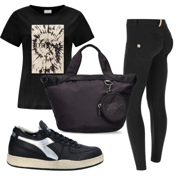 Outfit donna - Total look #1614521. Stile Basic per Sport. Abbinamento con sneakers, pantaloni skinny, t-shirt, shopping bag.