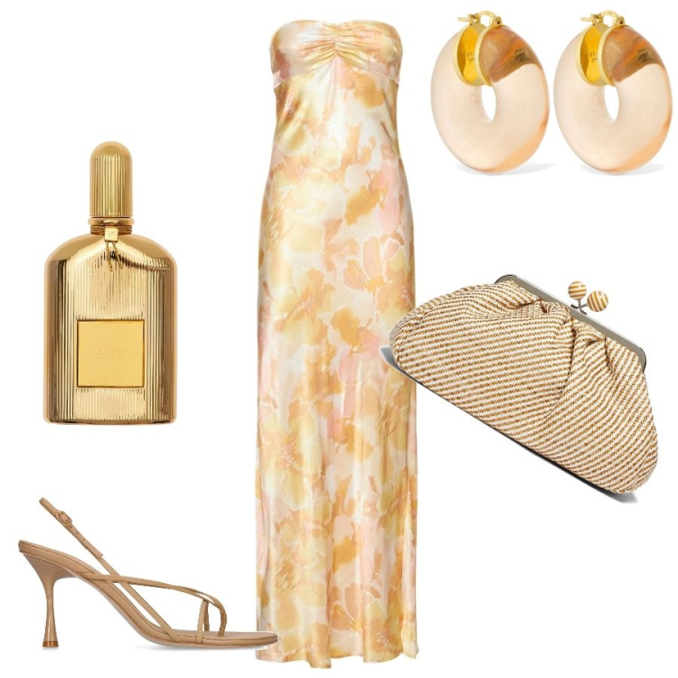 Outfit donna - Total look #1614567. Stile Chic per Cerimonia. Abbinamento con vestiti, sandali in pelle, pochette, orecchini, profumi.