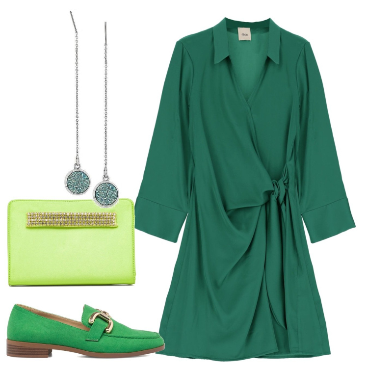 Outfit donna - Il mondo dei verdi. Stile Casual chic per Cerimonia. Abbinamento con orecchini, vestiti chemisier, mocassini, clutch.