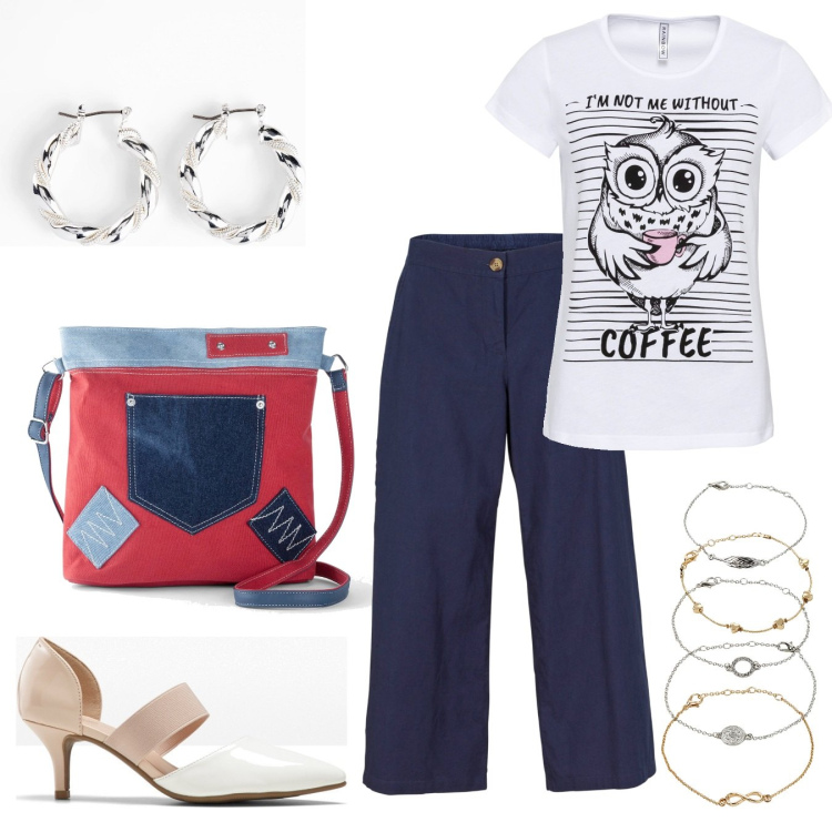 Outfit donna - Mamma di corsa. Stile Casual chic per Tutti i giorni. Abbinamento con t-shirt sportive, braccialetti con ciondoli, orecchini, pantaloni culotte, décolleté, borse a tracolla.
