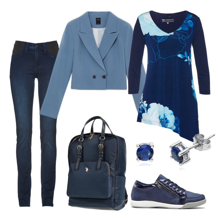 Outfit donna - Giornata impegnativa. Stile Casual chic per Tutti i giorni. Abbinamento con jeans, maglieria, sneakers alte, zaini, orecchini, blazer.