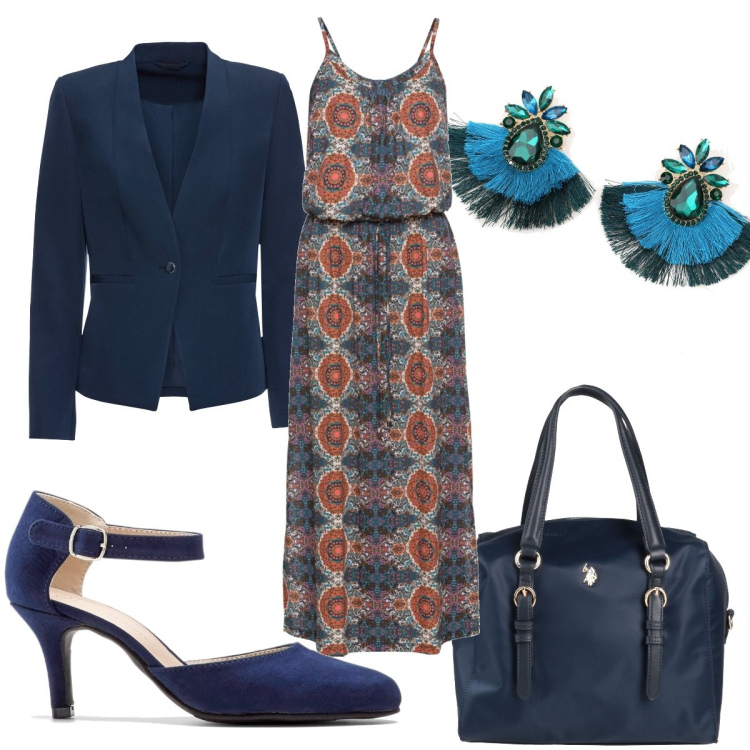 Outfit donna - Total look #1614674. Stile Trendy per Cerimonia. Abbinamento con vestiti lunghi, décolleté, blazer, borse a mano, orecchini.