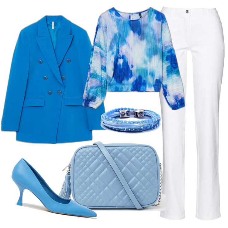 Outfit donna - Una domenica di primavera. Stile Casual chic per Tutti i giorni. Abbinamento con pantaloni, bluse, borse a tracolla, décolleté, giacche, orologi.