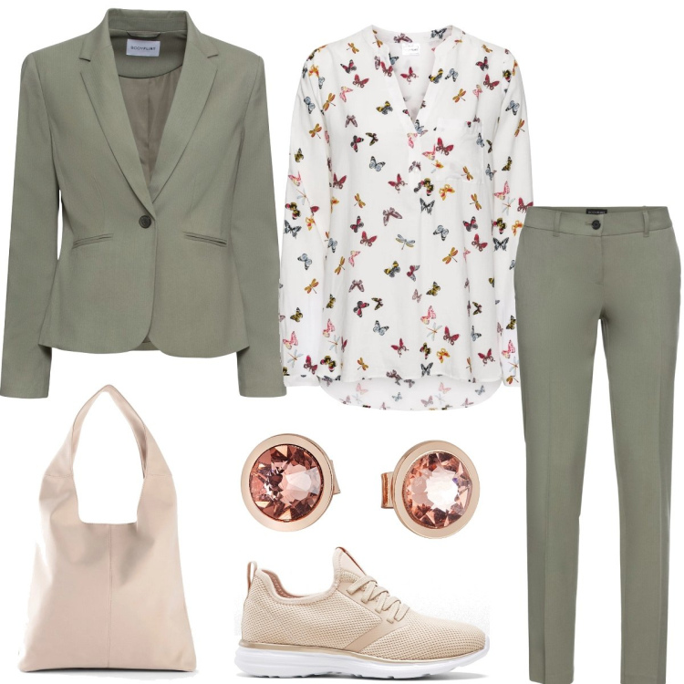 Outfit donna - Ufficio. Stile Casual chic per Ufficio. Abbinamento con pantaloni, bluse, blazer, sneakers, shopping bag, orecchini.