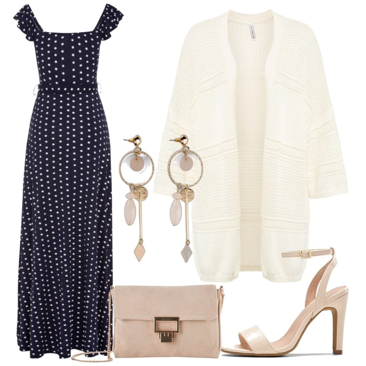 Outfit donna - Il vestito a pois. Stile Romantica per Serata fuori. Abbinamento con vestiti lunghi, orecchini, cardigans, sandali col tacco, pochette.