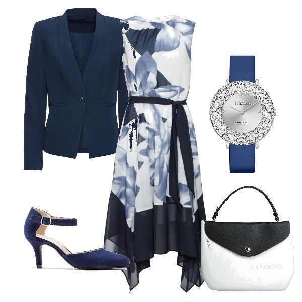 Outfit donna - svolazzante cerimonia. Stile Chic per Cerimonia. Abbinamento con blazer, décolleté, vestiti, borse a mano, orologi.