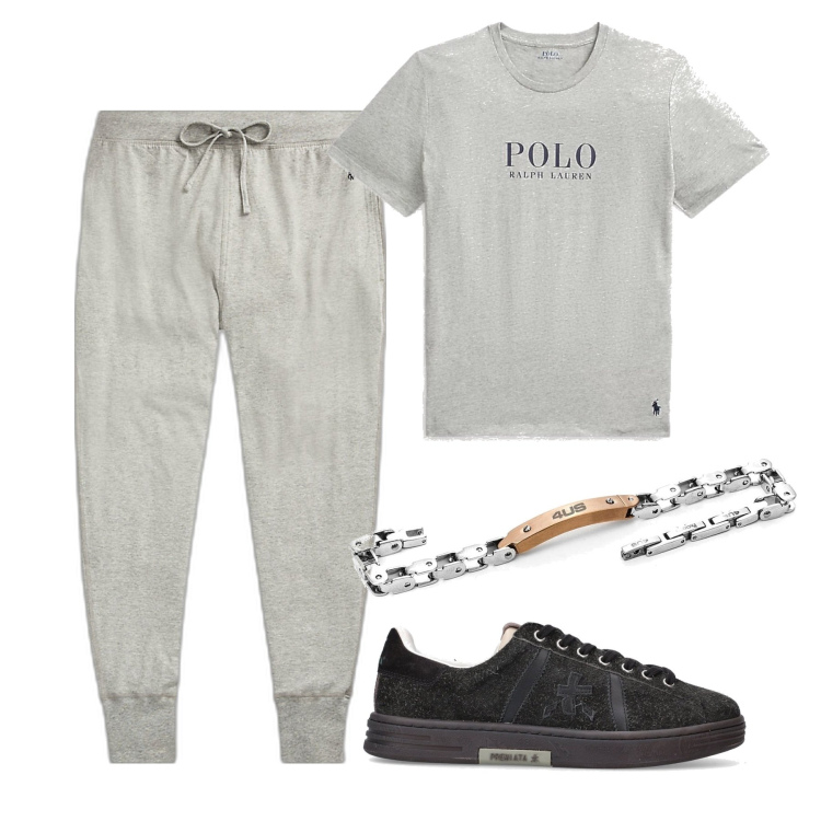 Outfit uomo - Tempo libero. Stile Casual per Tutti i giorni. Abbinamento con braccialetti, sneakers, pantaloni, t-shirt.