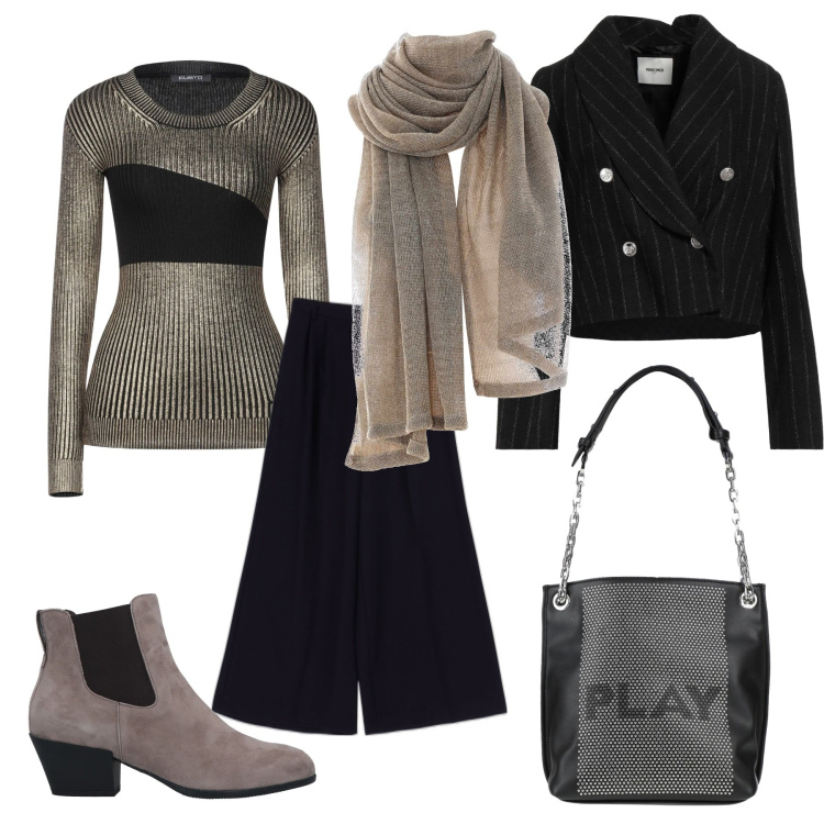 Outfit donna - Let\'s play. Stile Casual chic per Ufficio. Abbinamento con stivaletti chelsea, borse a spalla, blazer, pullovers, stole, pantaloni a palazzo.