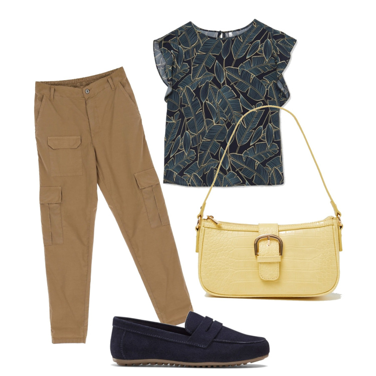 Outfit donna - Un pomeriggio. Stile Casual per Tutti i giorni. Abbinamento con mocassini, pantaloni capri, borse a spalla, bluse.