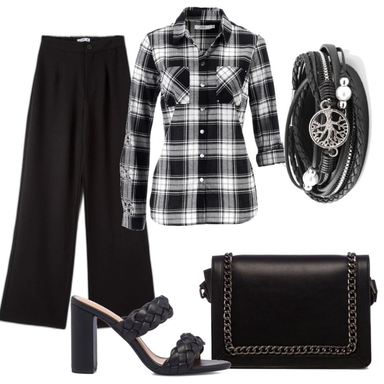 Outfit donna - Sempre di fretta. Stile Bon Ton per Tutti i giorni. Abbinamento con camicie, braccialetti, pantaloni, borse a tracolla, sandali in pelle.
