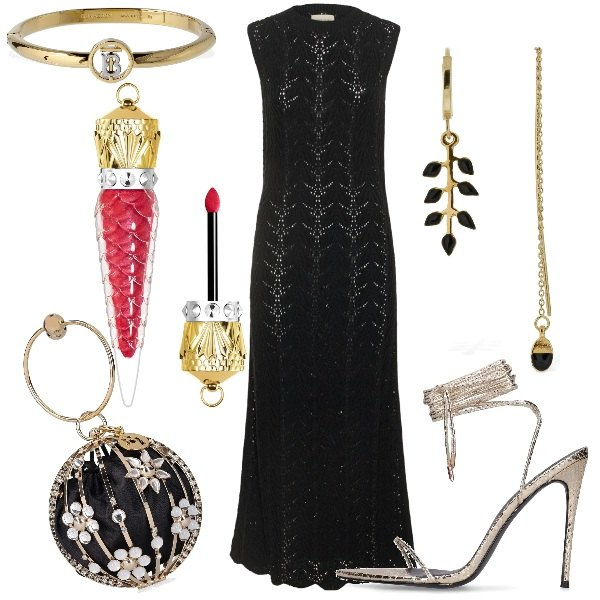 Outfit donna - Glam con LUISAVIAROMA. Stile Glamour per Cerimonia. Abbinamento con vestiti midi/longuette, orecchini, sandali in pelle, pochette, gloss, braccialetti.