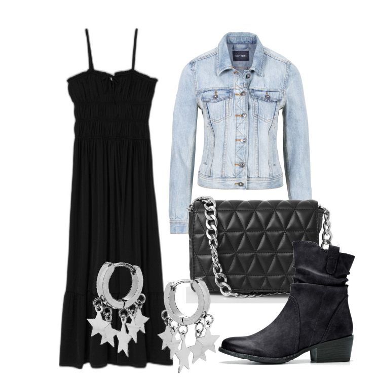 Outfit donna - Semplicemente un abito nero. Stile Trendy per Tutti i giorni. Abbinamento con stivaletti texani, giacche sportive, orecchini, vestiti lunghi, borse a spalla.