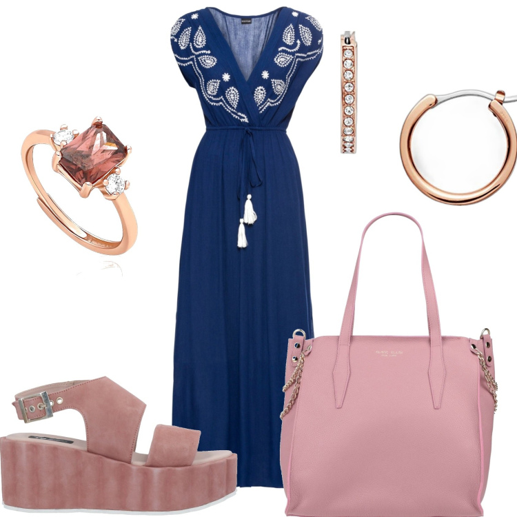 Outfit donna - In lungo in blu. Stile Glamour per Tutti i giorni. Abbinamento con vestiti lunghi, sandali in pelle, borse a mano, anelli, orecchini.