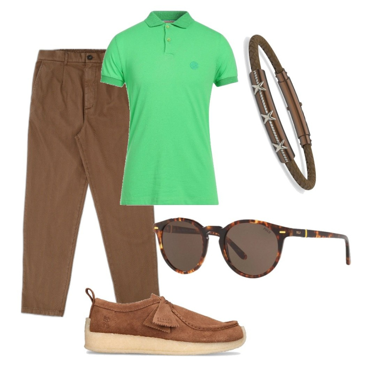 Outfit uomo - Un tocco di verde. Stile Casual per Tutti i giorni. Abbinamento con braccialetti, pantaloni, polo, occhiali da sole, scarpe stringate.