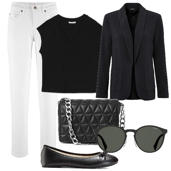 Outfit donna - Jeans bianco e accessori neri. Stile Bon Ton per Ufficio. Abbinamento con jeans mom, ballerine, blazer, t-shirt, borse a spalla, occhiali da sole.