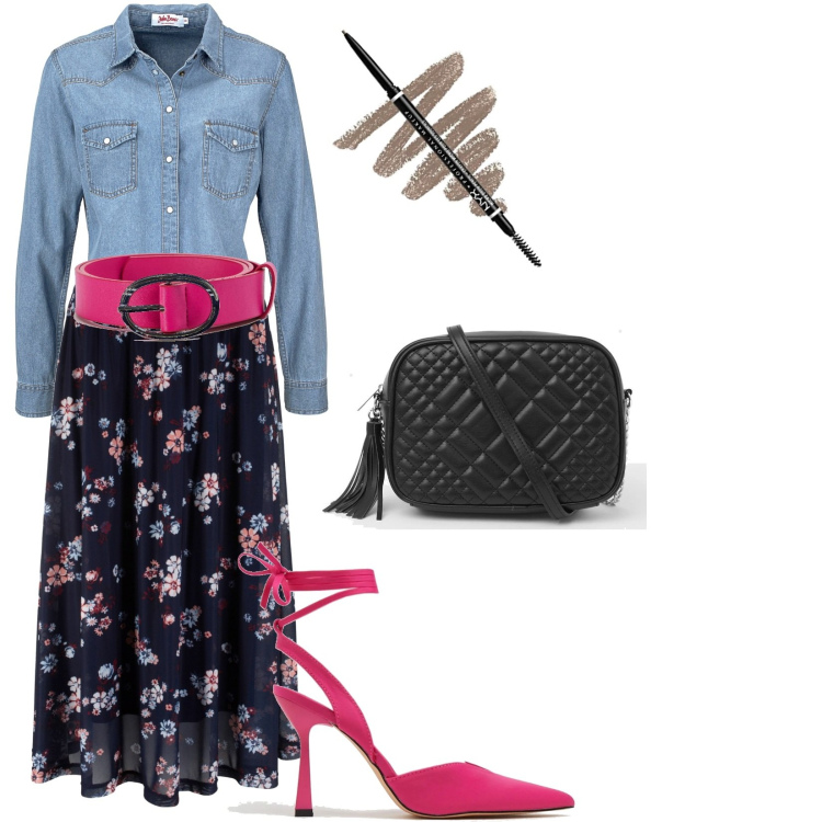 Outfit donna - Total look #1615508. Stile Casual per Ufficio. Abbinamento con camicie, gonne longuette, cinture, décolleté, borse a tracolla, eyeliner.