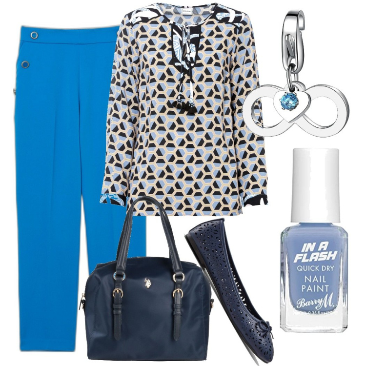 Outfit donna - Ballerina blu. Stile Bon Ton per Ufficio. Abbinamento con ballerine, bluse, borse a mano, ciondoli, pantaloni capri, smalti.