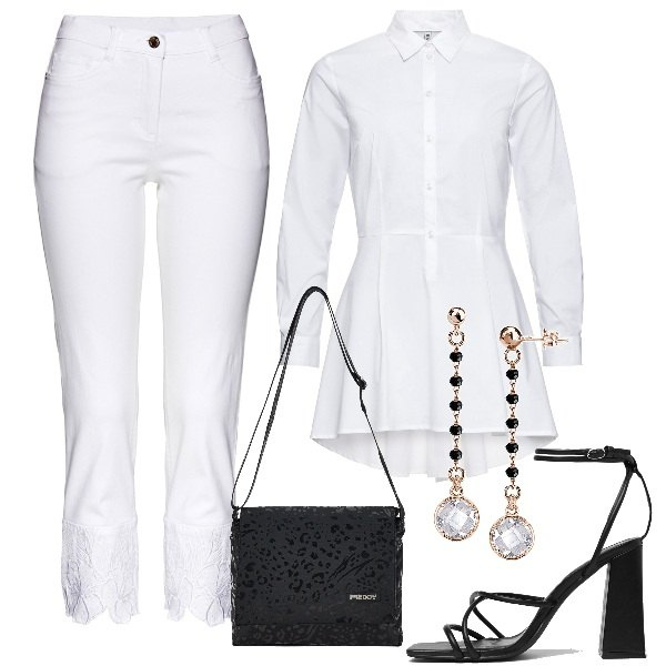 Outfit donna - Plus size in bianco. Stile Bon Ton per Serata fuori. Abbinamento con camicie, jeans, orecchini, sandali in pelle, borse a tracolla.
