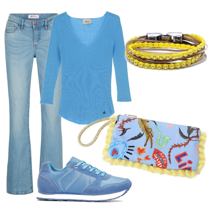 Outfit donna - Vado a fare la spesa. Stile Basic per Tutti i giorni. Abbinamento con jeans bootcut, sneakers, orologi, maglieria, pochette.