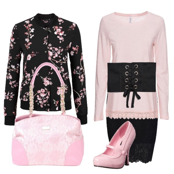 Outfit donna - Day & Night with flowers. Stile Bon Ton per Tutti i giorni. Abbinamento con bomber, maglia con pizzo e scollo a maniche lunghe rosa, borsa a mano fantasia floreale effetto laminato doppio manico in pelle sintetica, scarpe col tacco rosa, cintura jogger, gonna con pizzo nero.