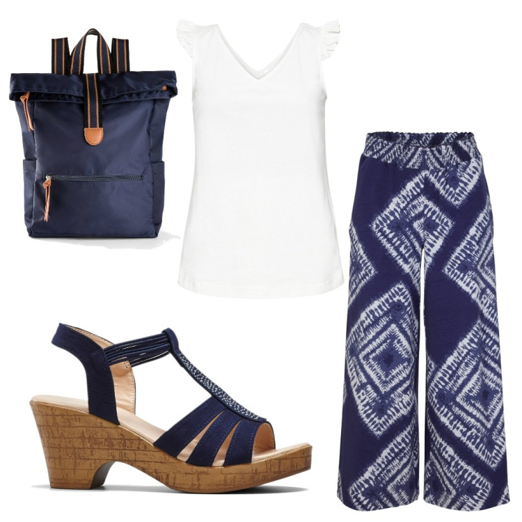 Outfit donna - Passeggiata al mare. Stile Casual per Mare. Abbinamento con top, zaini, pantaloni a palazzo, sandali.