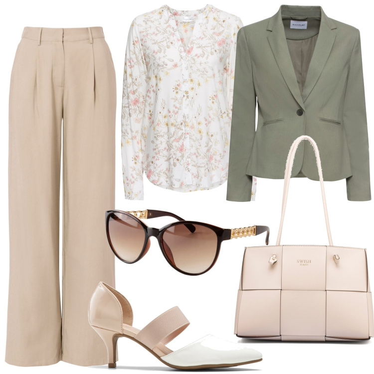 Outfit donna - Una donna bon ton. Stile Bon Ton per Tutti i giorni. Abbinamento con camicie, blazer, pantaloni, décolleté, occhiali da sole, borse a spalla.
