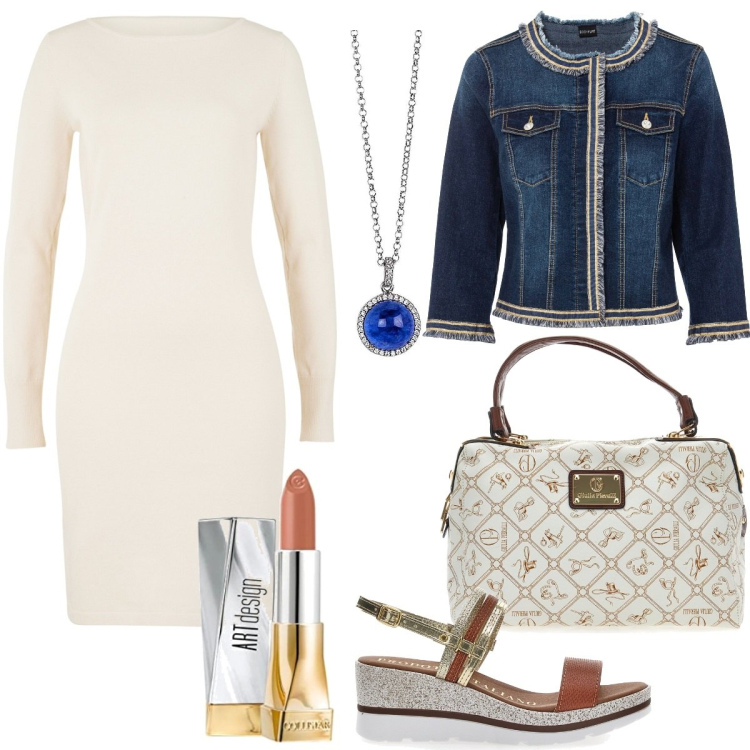 Outfit donna - Casual-chic. Stile Casual chic per Tutti i giorni. Abbinamento con blazer, vestiti, collane, sandali, borse a mano, rossetti.