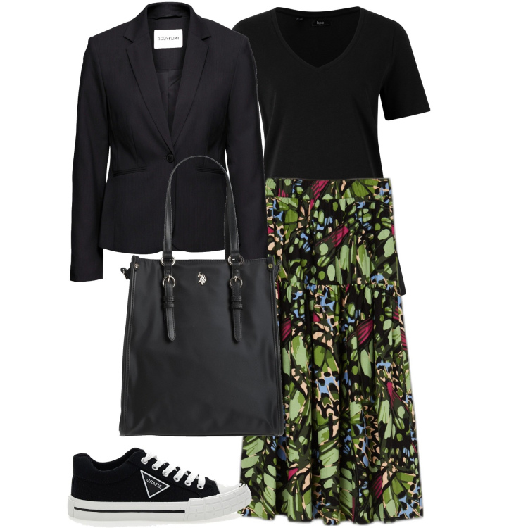 Outfit donna - Gonnellone e sneakers. Stile Casual chic per Tutti i giorni. Abbinamento con blazer, t-shirt, borse a mano, gonne lunghe, sneakers.