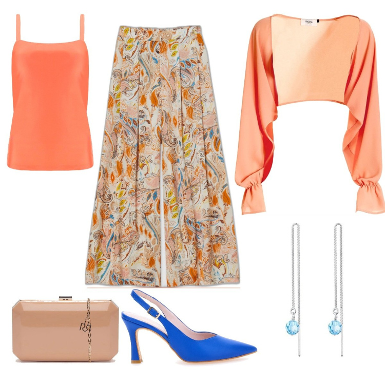 Outfit donna - Il tacco bluette. Stile Bon Ton per Cerimonia. Abbinamento con clutch, blazer, pantaloni, canottiere, décolleté, orecchini.