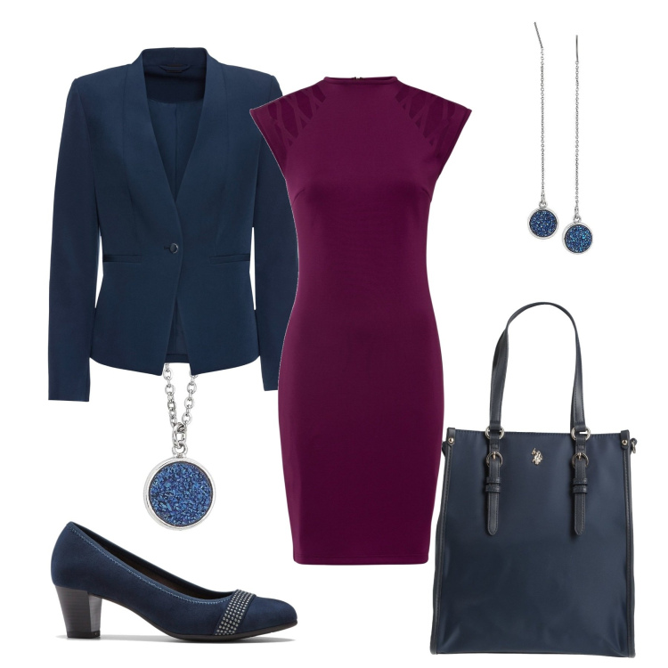 Outfit donna - Viola e blu. Stile Casual chic per Ufficio. Abbinamento con blazer, décolleté, vestiti, borse a mano, ciondoli, orecchini.