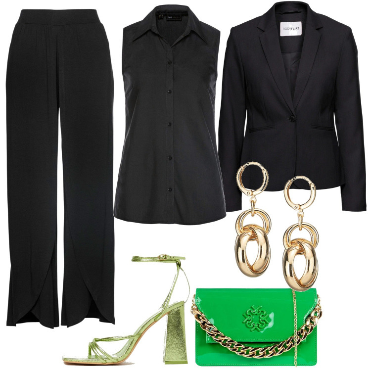 Outfit donna - Scarpe e Pochette Glam. Stile Chic per Serata fuori. Abbinamento con blazer, pantaloni, bolero premaman filato, pochette, orecchini, sandali in pelle.