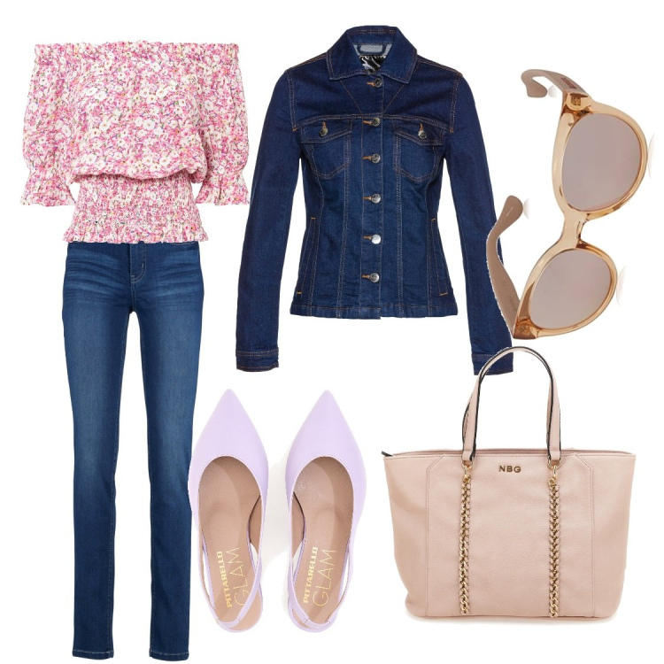 Outfit donna - Tempo Libero. Stile Romantica per Tutti i giorni. Abbinamento con jeans slim fit, bluse, blazer, ballerine, borse a spalla, occhiali da sole.