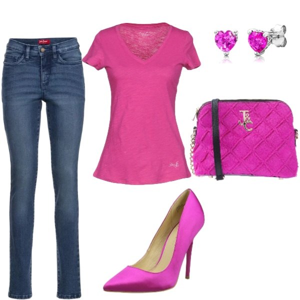 Outfit donna - Trendy #20810. Stile Trendy per Tutti i giorni. Abbinamento con jeans slim fit, t-shirt con pizzo contrasto a maniche corte in cotone senza tasche jersey, borsa a tracolla mini fantasia con zip interno foderato con tasca interna, top effetto satinato rosa, orecchini in sterling 925 rosa e argento e multicolore.