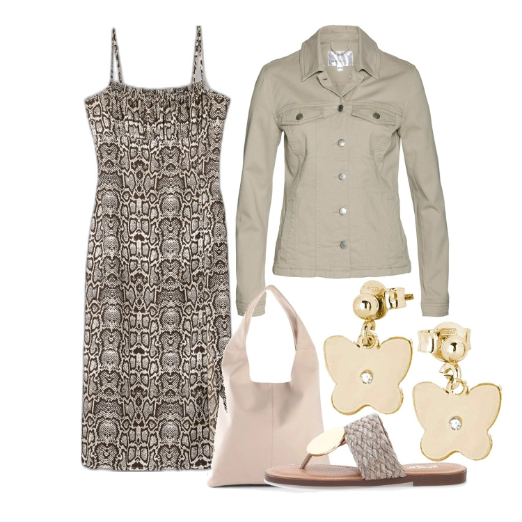 Outfit donna - Pitonata coi sandali. Stile Chic per Tutti i giorni. Abbinamento con blazer, shopping bag, vestiti lunghi, orecchini, ciabatte.