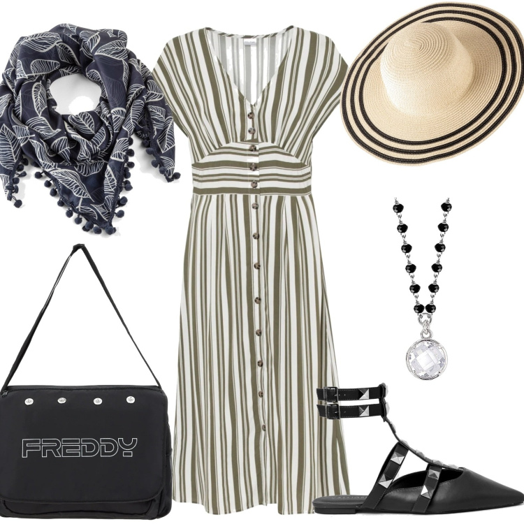 Outfit donna - Giornata a passeggio. Stile Romantica per Tutti i giorni. Abbinamento con vestiti, cappelli, foulard, ciondoli, ballerine, borse messenger.