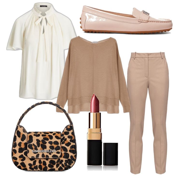 Outfit donna - Una borsa che si fa notare. Stile Casual chic per Ufficio. Abbinamento con pantaloni, maglieria, camicie, mocassini, borse a mano, rossetti.