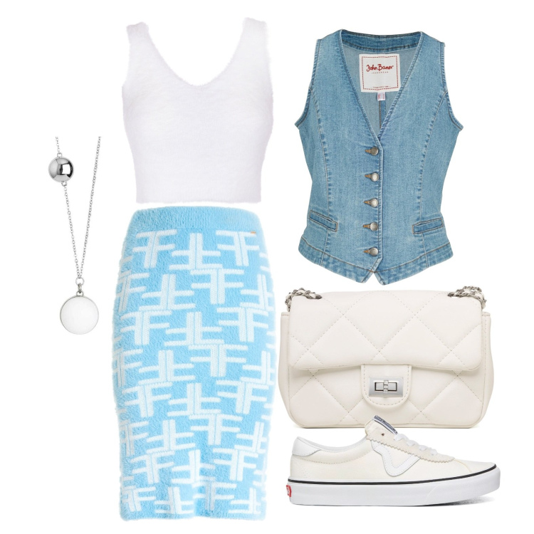 Outfit donna - Ghost outfitter - maggio. Stile Trendy per Tutti i giorni. Abbinamento con gilet, gonne longuette, top, ciondoli, sneakers, borse a tracolla.