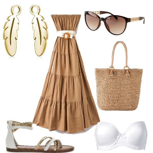 Outfit donna - Total look #1616215. Stile Boho per Tutti i giorni. Abbinamento con reggiseni, occhiali da sole, shopping bag, vestiti lunghi, orecchini, sandali.