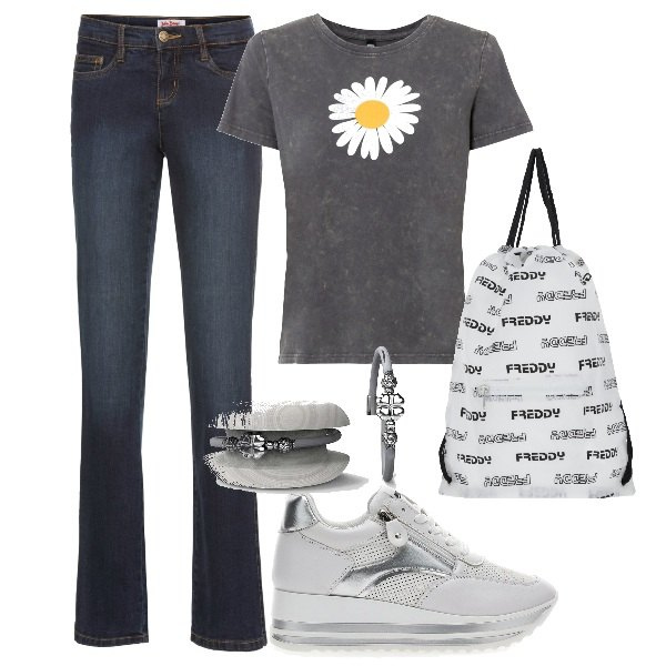 Outfit donna - 5 tasche blu scuro. Stile Casual chic per Tutti i giorni. Abbinamento con t-shirt, jeans bootcut, braccialetti, zaini, sneakers.