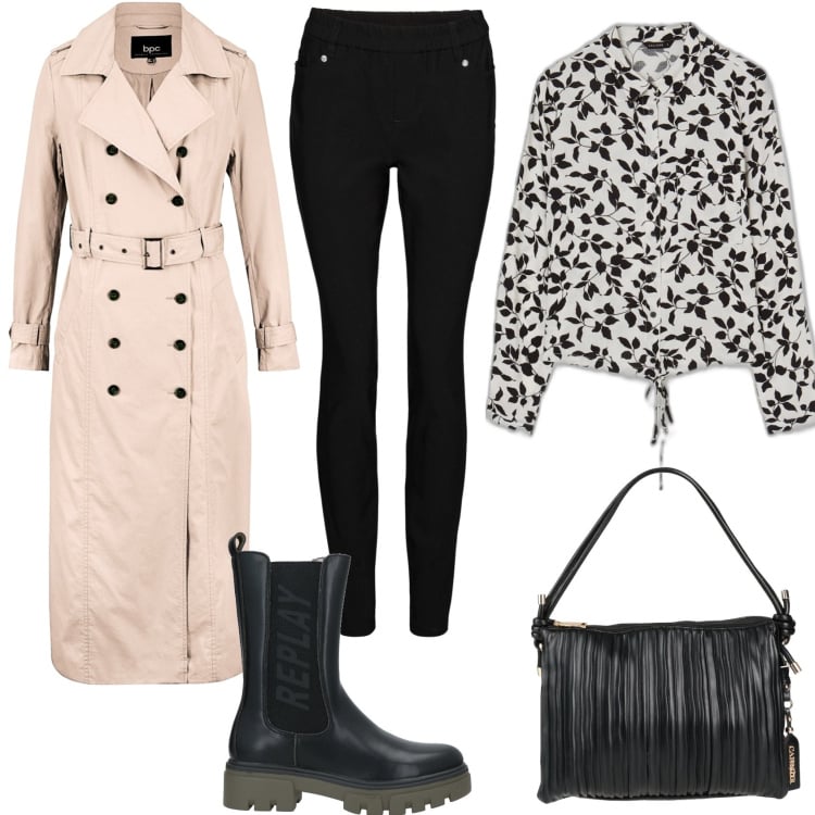Outfit donna - Raining day!. Stile Casual chic per Tutti i giorni. Abbinamento con stivaletti, borse a mano, pantaloni skinny, trench, camicie.