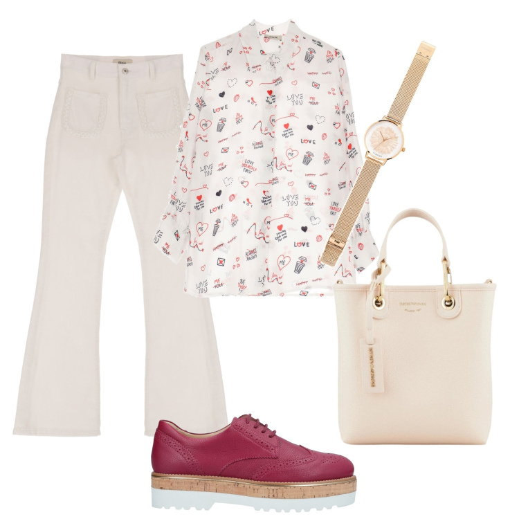 Outfit donna - Jeans con tasca applicata. Stile Casual chic per Tutti i giorni. Abbinamento con scarpe stringate, orologi, shopping bag, jeans bootcut, camicie.