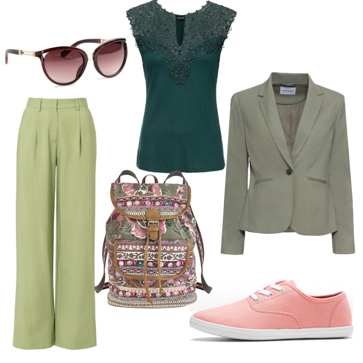 Outfit donna - Casuale style. Stile Casual per Tutti i giorni. Abbinamento con blazer, occhiali da sole, top, pantaloni, zaini, sneakers.