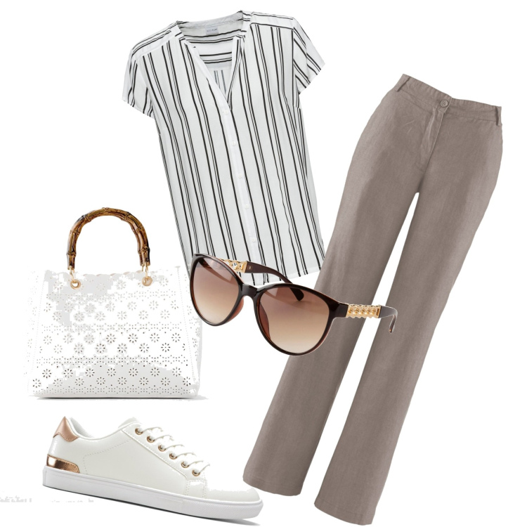 Outfit donna - Mamma casual chic. Stile Casual chic per Tutti i giorni. Abbinamento con pantaloni, camicie a manica corta, sneakers, borse a mano, occhiali da sole.