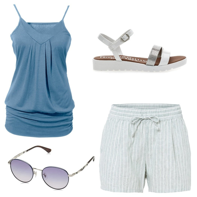 Outfit donna - Estate a righe. Stile Basic per Mare. Abbinamento con top, shorts, sandali, occhiali da sole.