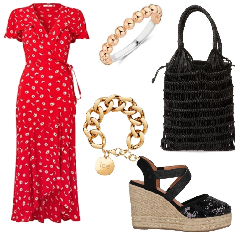 Outfit femme - Au cinéma. Style Boho pour Soirée dehors. Assortir avec robes asymétriques, espadrilles, sac cabas, bracelets, bagues.