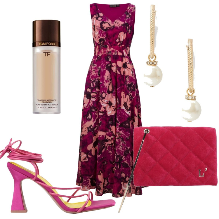 Outfit donna - Total look #1616534. Stile Romantica per Cerimonia. Abbinamento con vestiti lunghi, sandali col tacco, borse a mano, orecchini, fondotinta.