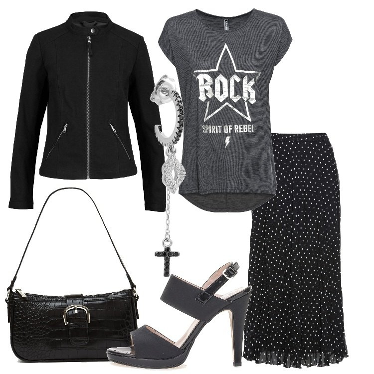 Outfit donna - Serata Rock. Stile Rock per Serata fuori. Abbinamento con t-shirt, gonne, cappotti, orecchini, borse a spalla, sandali col tacco.