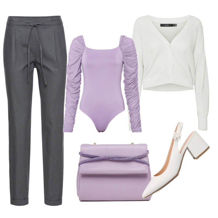 Outfit donna - Working Mom (veg ok). Stile Bon Ton per Ufficio. Abbinamento con pantaloni, body, décolleté, clutch, cardigans.