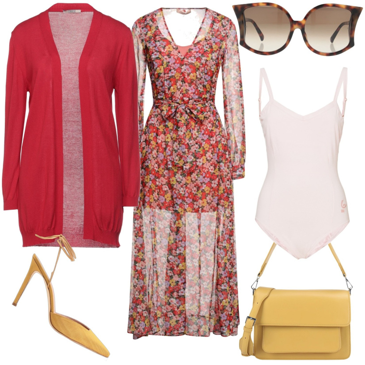 Outfit donna - Prato Primaverile. Stile Romantica per Serata fuori. look ideale per Tall. Abbinamento con cardigans, vestiti midi/longuette, décolleté, borse a mano, occhiali da sole, body.